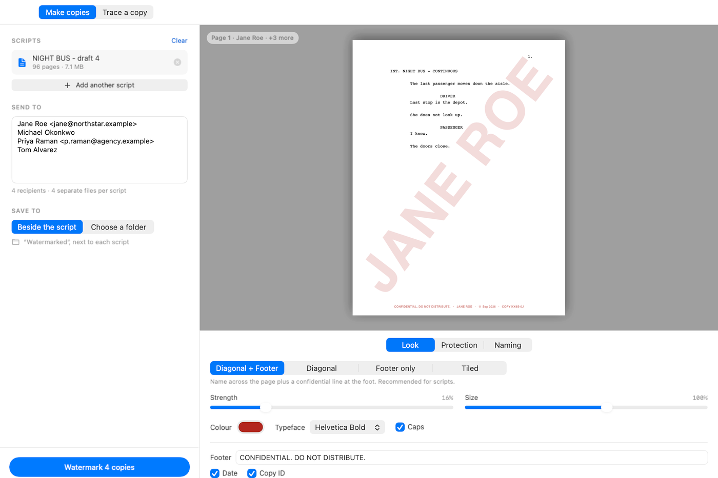 The Onionskin window. Page one of Jane Roe’s copy, previewed before anything is written. The footer carries the confidential line, the date and her copy ID.