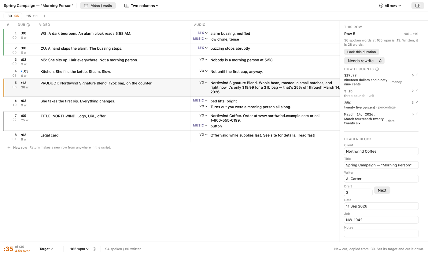 The Split Page window. The editor: video on the left, audio on the right, and the running time against the target length at the foot.